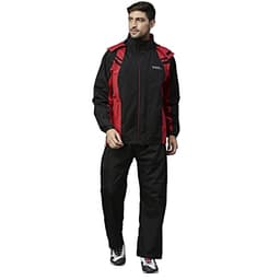 Image of ZEEL Rain Coat for Men Waterproof for Bike Riders with Adjustable Hood along with inner pockets,Waterproof Raincoat with Polyester Jacket,Pants and Waterproof Drawstring Bag,AZ05 Black-Red XL