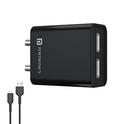 Image of Portronics Adapto 66 2.4A 12w Dual USB Port 5V/2.4A Wall Charger,Comes with 1M Micro USB Cable, USB Wall Charger Adapter for Smartphone (Black)