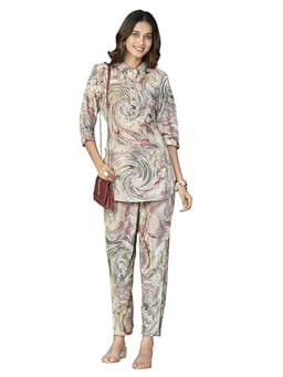 Image of NAINVISH Women's Muslin Printed Straight Shirt Collar Co-ord Top & Pant Set (SD626_KB-XL_Grey)