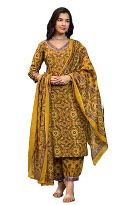Image of KLOSIA Women Printed Kurta Pant Set with Dupatta Set (in, Alpha, XL, Yellow)