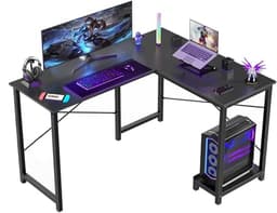 Image of Callas L Shaped Computer Desk - Gaming Corner 50 Inch PC White Writing Study Student Table with Wooden Desktop CPU Stand for Home Office Room Small Space, Black