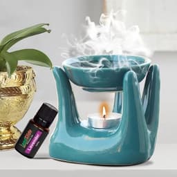 Image of Pure Source India Ceramic Hand Type Oil Burner Diffuser for Home, Office, with 1 Tea Light Candle, Made by Porcelain (Green)