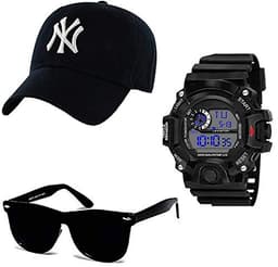 Image of SELLORIA Black Analogue Stainless Steel Watch with Black Sunglass with basboll Cap