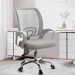 Image of Casa Copenhagen Mesh Mid Back Office/Study/Computer/Revolving/Desk Chair for Work from Home -Metal Base, Height Adjustable Seat - Ash Grey & White Handle